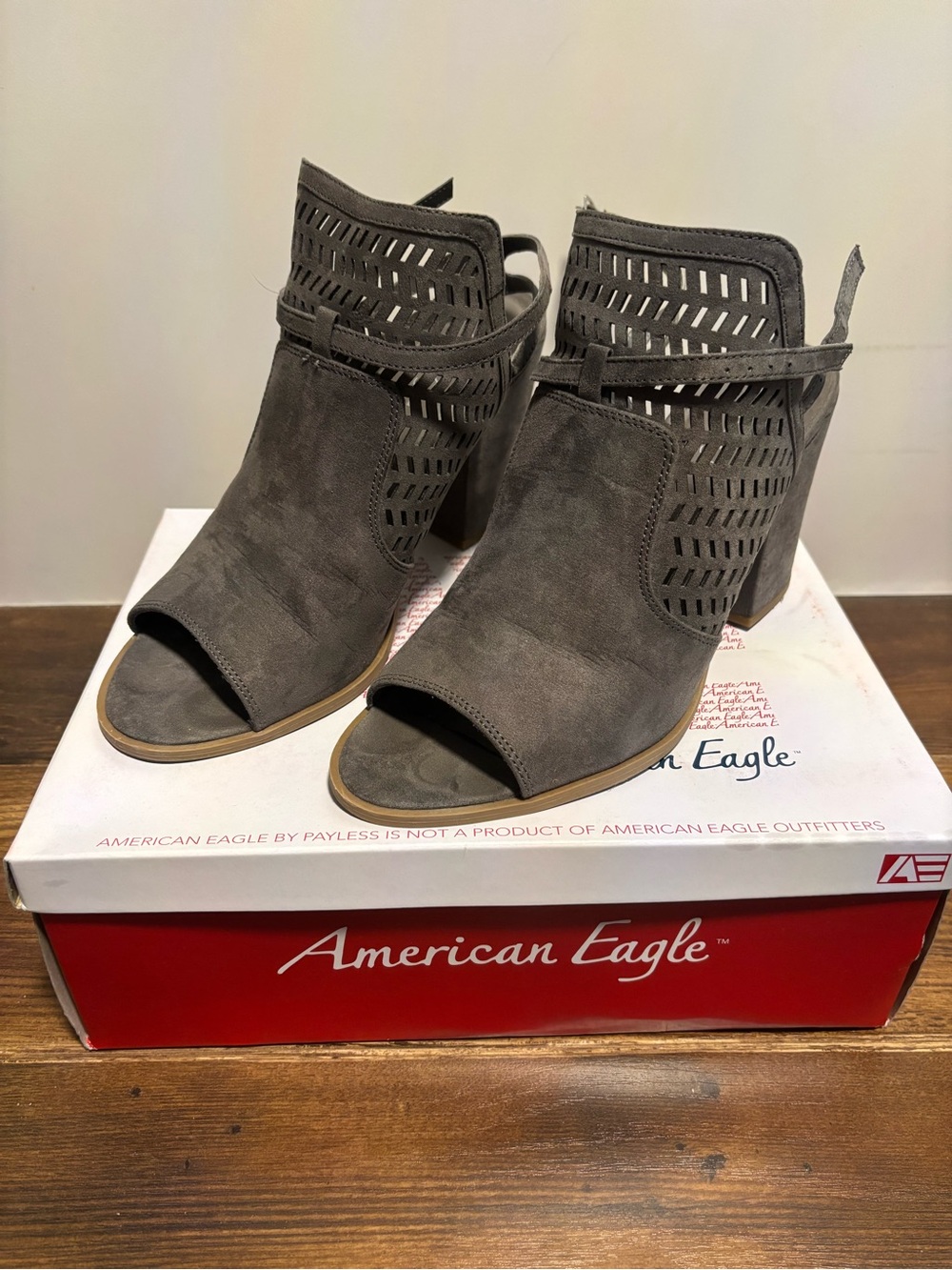 American Eagle Outfitters Gray Suede Laser-Cut Open-Toe Ankle Booties